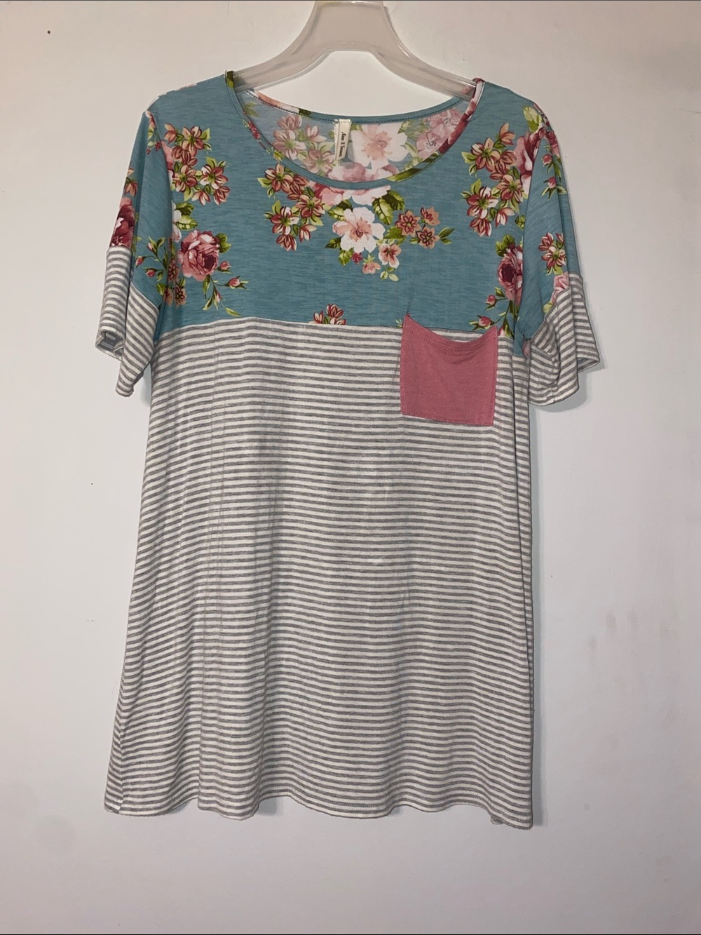Teal Floral Yoke Striped Short Sleeve Tee with Pink Pocket